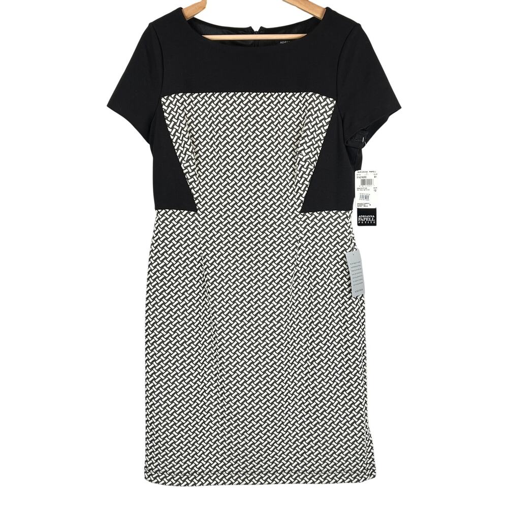 Adrianna Papell Pant Print Sheath Dress Womens 12P Midi Black Ivory Office NWT
